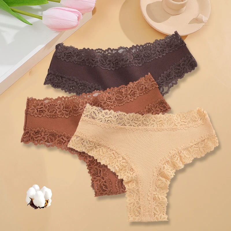 3Pcs/set Women Cotton Panties Floral Lace Intimate Underwear Trendy Patchwork Lace Briefs Female Soft Underpants Lingerie S-XL