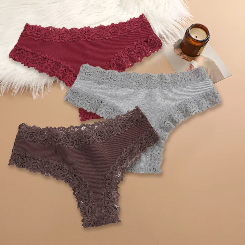 3Pcs/set Women Cotton Panties Floral Lace Intimate Underwear Trendy Patchwork Lace Briefs Female Soft Underpants Lingerie S-XL