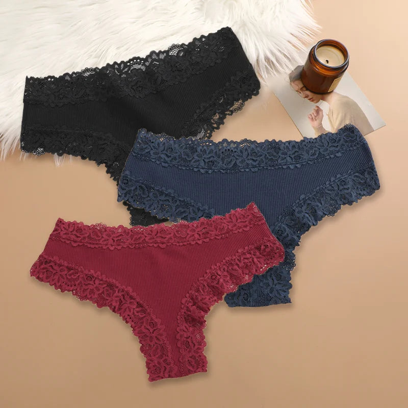 3Pcs/set Women Cotton Panties Floral Lace Intimate Underwear Trendy Patchwork Lace Briefs Female Soft Underpants Lingerie S-XL