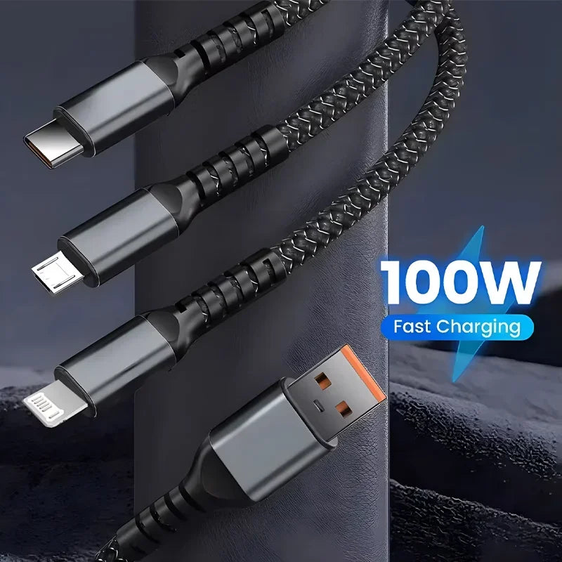 100W 3 In 1 Transparent Pilot Lamp Super Fast Charging Cable 6A Universal with Type C Usb Micro for Samsung Huawei Xiaomi Iphone