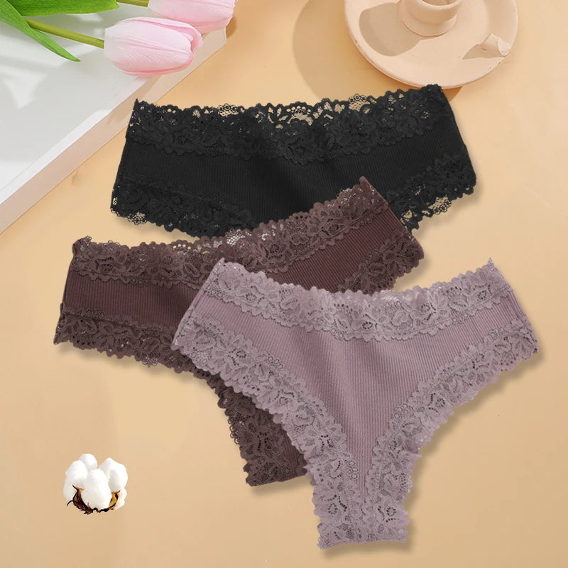 3Pcs/set Women Cotton Panties Floral Lace Intimate Underwear Trendy Patchwork Lace Briefs Female Soft Underpants Lingerie S-XL