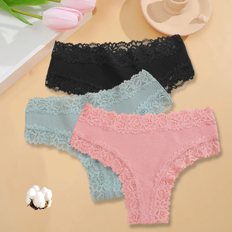3Pcs/set Women Cotton Panties Floral Lace Intimate Underwear Trendy Patchwork Lace Briefs Female Soft Underpants Lingerie S-XL