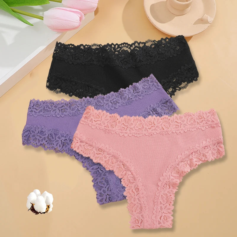 3Pcs/set Women Cotton Panties Floral Lace Intimate Underwear Trendy Patchwork Lace Briefs Female Soft Underpants Lingerie S-XL