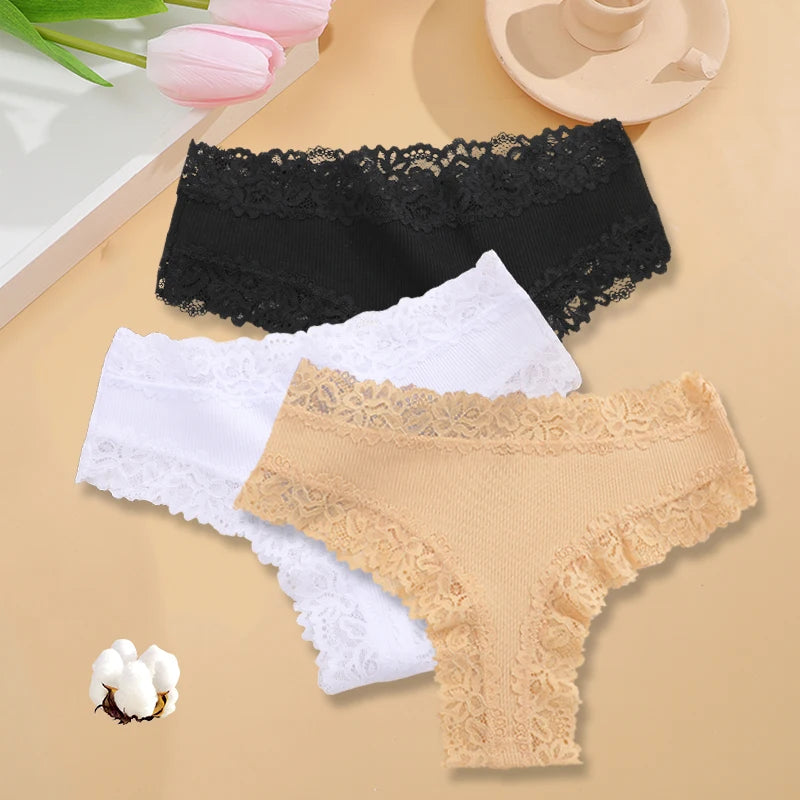 3Pcs/set Women Cotton Panties Floral Lace Intimate Underwear Trendy Patchwork Lace Briefs Female Soft Underpants Lingerie S-XL