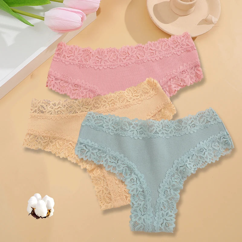 3Pcs/set Women Cotton Panties Floral Lace Intimate Underwear Trendy Patchwork Lace Briefs Female Soft Underpants Lingerie S-XL