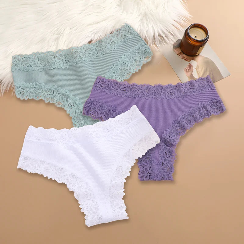 3Pcs/set Women Cotton Panties Floral Lace Intimate Underwear Trendy Patchwork Lace Briefs Female Soft Underpants Lingerie S-XL