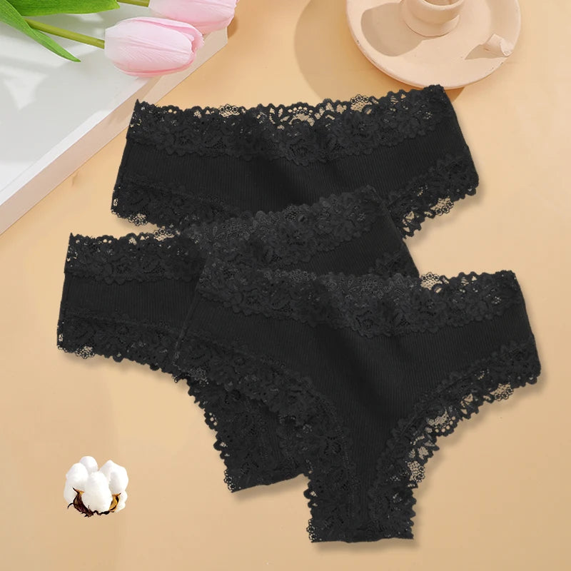 3Pcs/set Women Cotton Panties Floral Lace Intimate Underwear Trendy Patchwork Lace Briefs Female Soft Underpants Lingerie S-XL