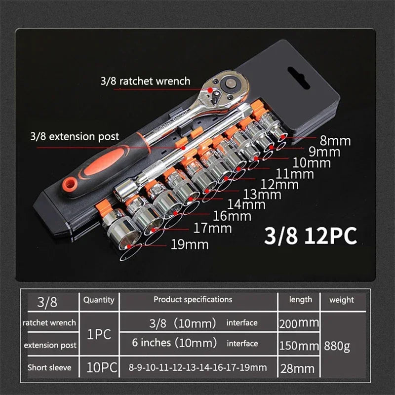 12pcs Socket Ratchet Handle Wrench Set 1/4 3/8 1/2 Spanner Kit With Extension Rod and 10 Common Sockets Car Repair Hand Tools