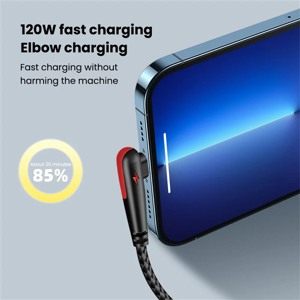 90 Degree Elbow USB Type C Cable 120W Fast Charging Phone Charger Data Cord For Samsung Xiaomi Huawei Quick Charge USB C Cable