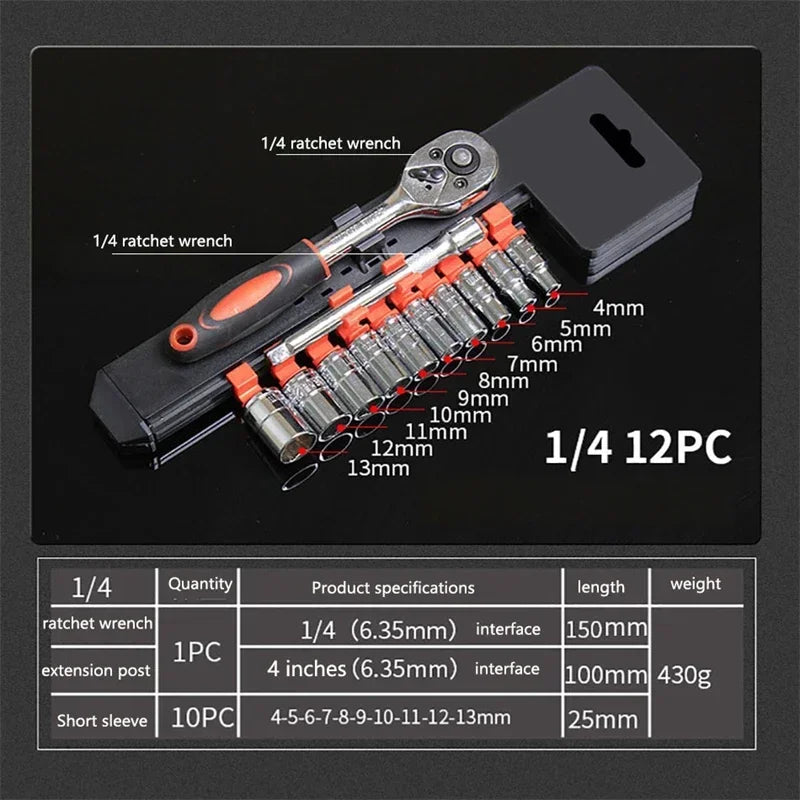 12pcs Socket Ratchet Handle Wrench Set 1/4 3/8 1/2 Spanner Kit With Extension Rod and 10 Common Sockets Car Repair Hand Tools