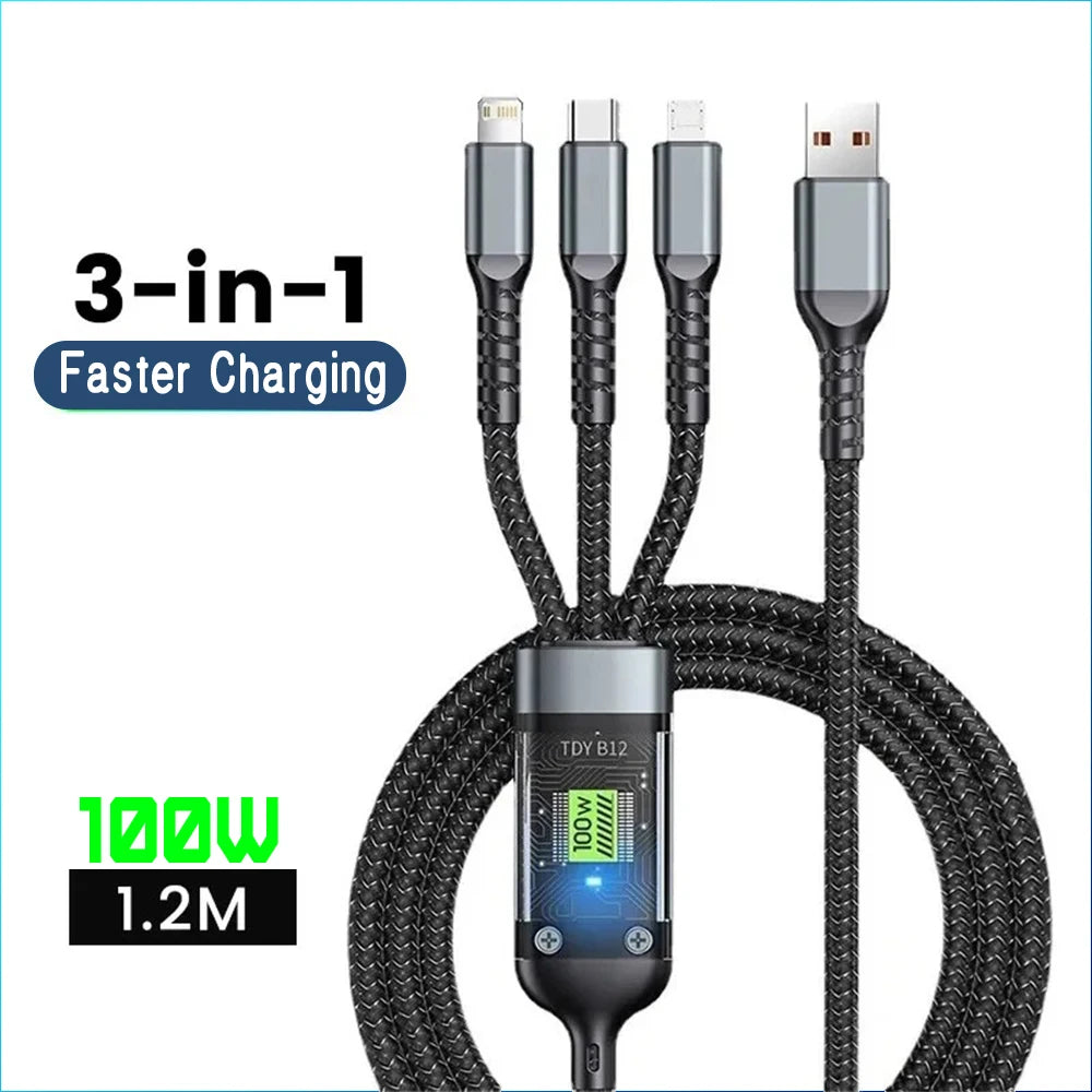 100W 3 In 1 Transparent Pilot Lamp Super Fast Charging Cable 6A Universal with Type C Usb Micro for Samsung Huawei Xiaomi Iphone