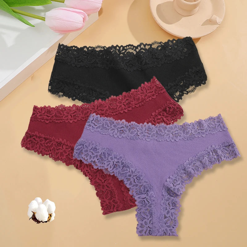 3Pcs/set Women Cotton Panties Floral Lace Intimate Underwear Trendy Patchwork Lace Briefs Female Soft Underpants Lingerie S-XL
