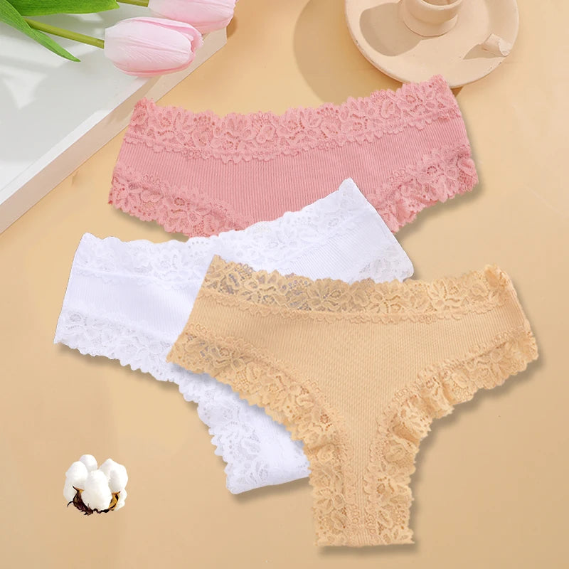 3Pcs/set Women Cotton Panties Floral Lace Intimate Underwear Trendy Patchwork Lace Briefs Female Soft Underpants Lingerie S-XL