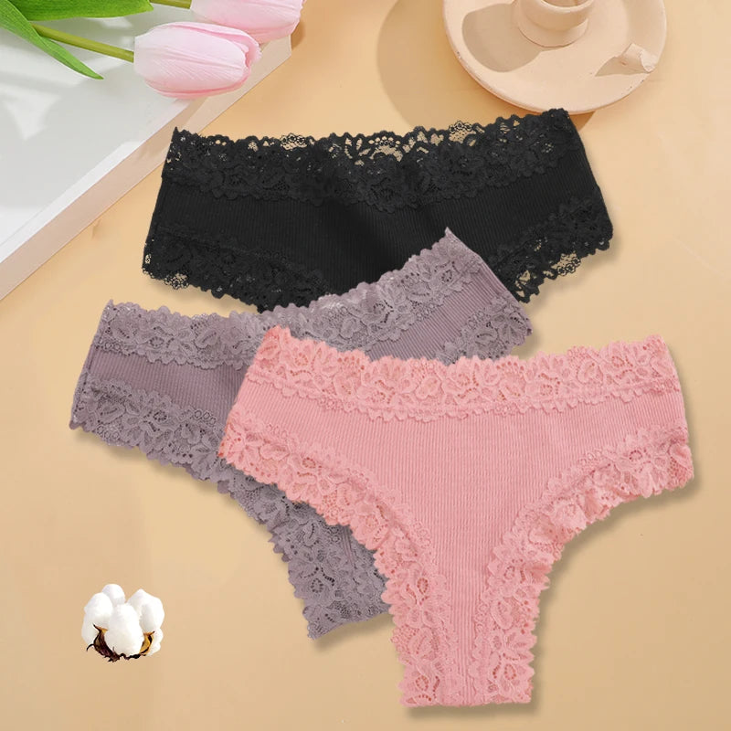 3Pcs/set Women Cotton Panties Floral Lace Intimate Underwear Trendy Patchwork Lace Briefs Female Soft Underpants Lingerie S-XL