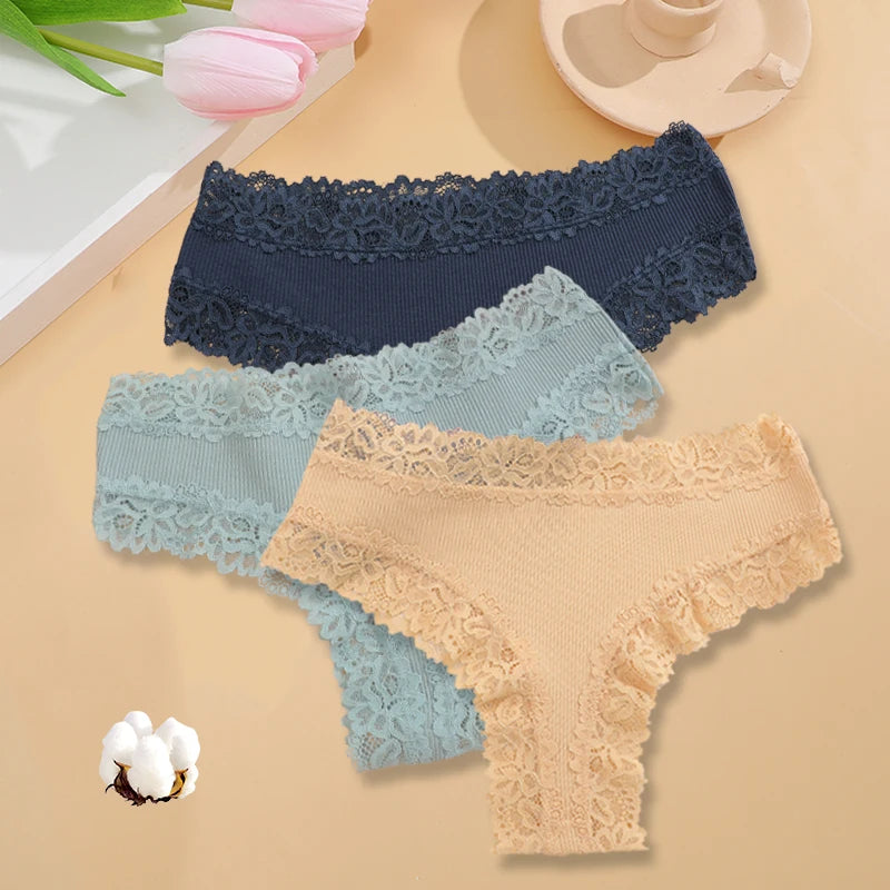 3Pcs/set Women Cotton Panties Floral Lace Intimate Underwear Trendy Patchwork Lace Briefs Female Soft Underpants Lingerie S-XL