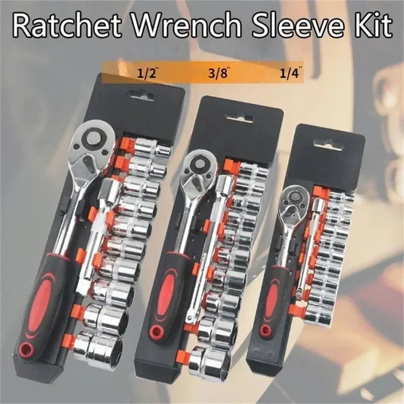 12pcs Socket Ratchet Handle Wrench Set 1/4 3/8 1/2 Spanner Kit With Extension Rod and 10 Common Sockets Car Repair Hand Tools