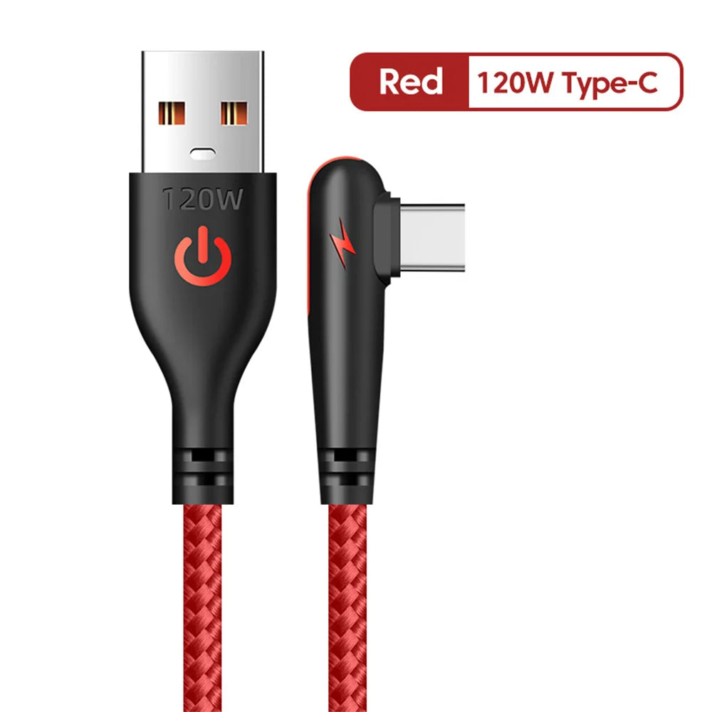 90 Degree Elbow USB Type C Cable 120W Fast Charging Phone Charger Data Cord For Samsung Xiaomi Huawei Quick Charge USB C Cable