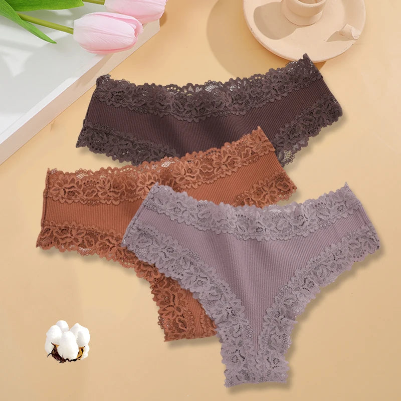 3Pcs/set Women Cotton Panties Floral Lace Intimate Underwear Trendy Patchwork Lace Briefs Female Soft Underpants Lingerie S-XL