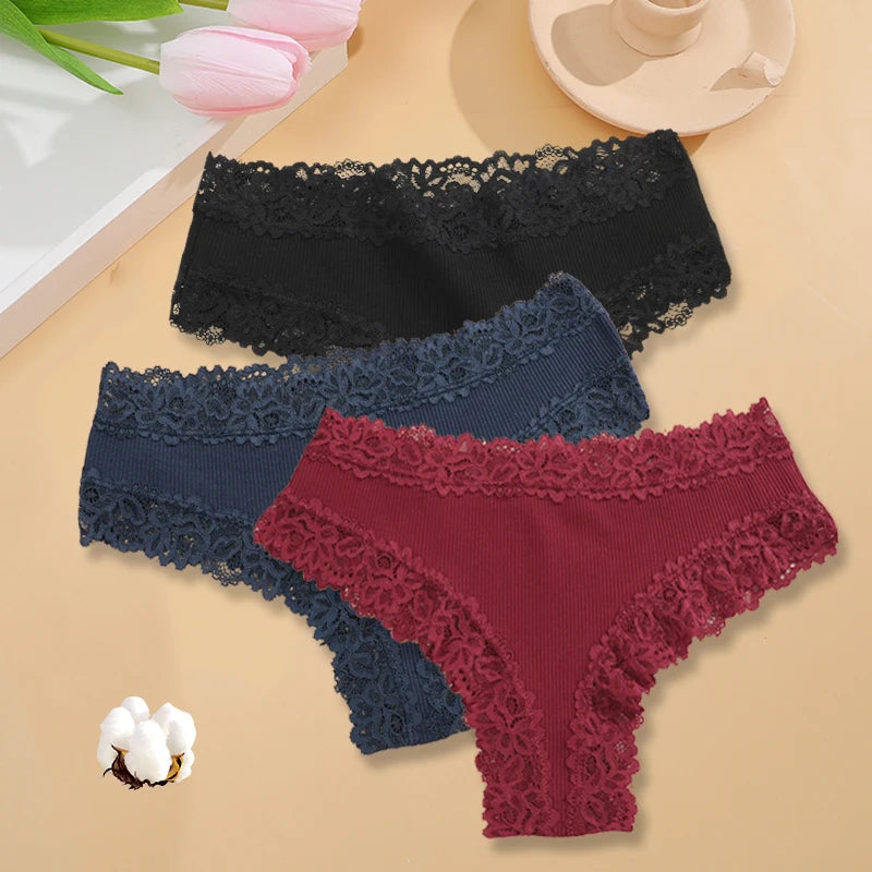 3Pcs/set Women Cotton Panties Floral Lace Intimate Underwear Trendy Patchwork Lace Briefs Female Soft Underpants Lingerie S-XL